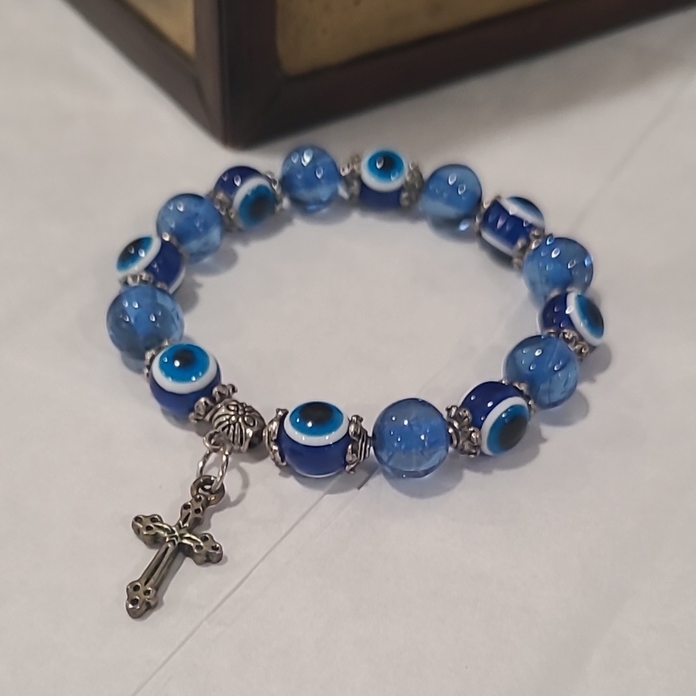 Blue Evil Eye Bracelet with Cross Charm